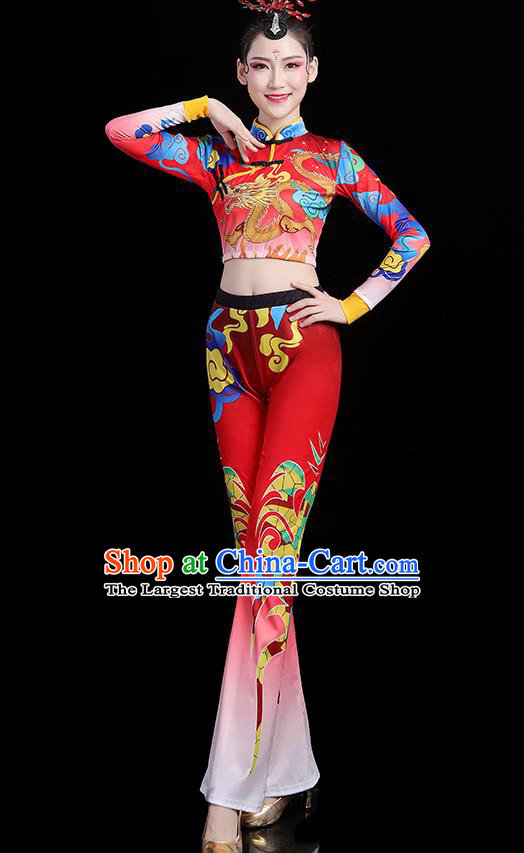 China Bodybuilding Competition Printing Dragon Red Outfits Aerobics Training Clothing Modern Dance Costume