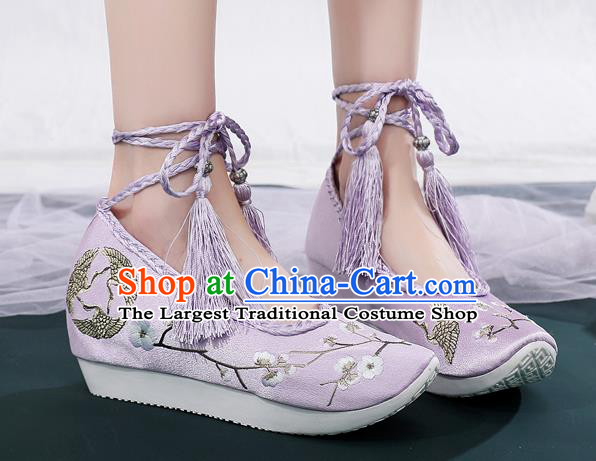 China Ancient Princess Embroidered Shoes National Lilac Satin Shoes Traditional Hanfu Shoes