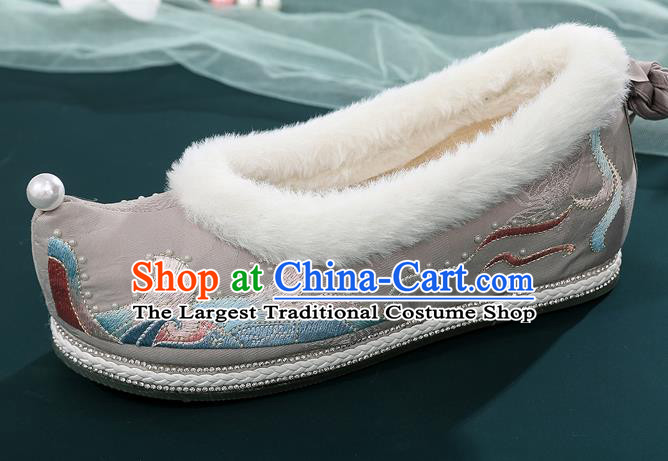 China Traditional Ming Dynasty Princess Shoes Ancient Hanfu Embroidered Grey Bow Shoes National Woman Winter Cloth Shoes