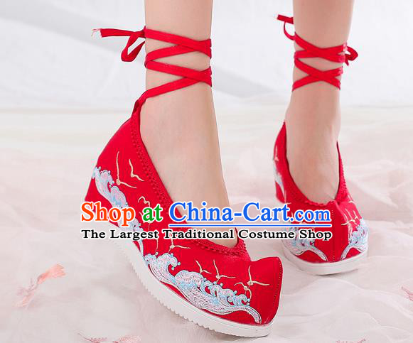 China National Woman Wedges Shoes Traditional Embroidered Waves Shoes Handmade Wedding Red Cloth Shoes