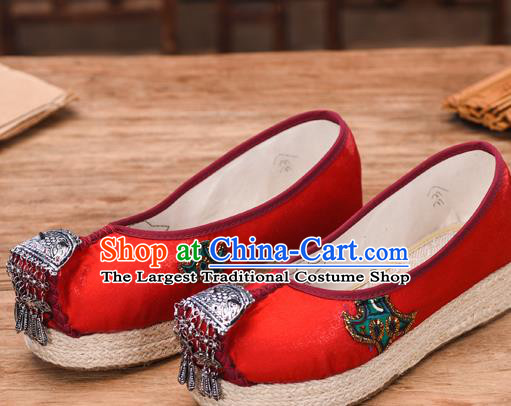 Chinese Yunnan Miao Ethnic Folk Dance Wedge Heel Shoes National Embroidered Red Cloth Shoes