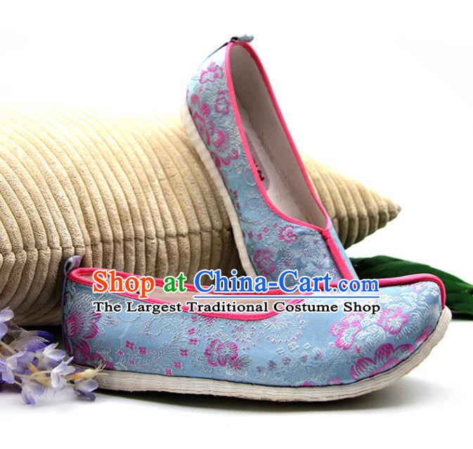 China Handmade Blue Brocade Shoes Ancient Ming Dynasty Princess Shoes Traditional Hanfu Shoes