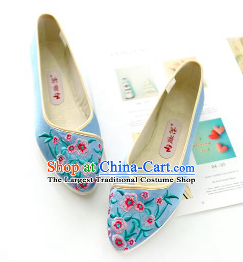 China Handmade Blue Cloth Shoes Embroidered Flowers Shoes Traditional Qing Dynasty Palace Lady Shoes