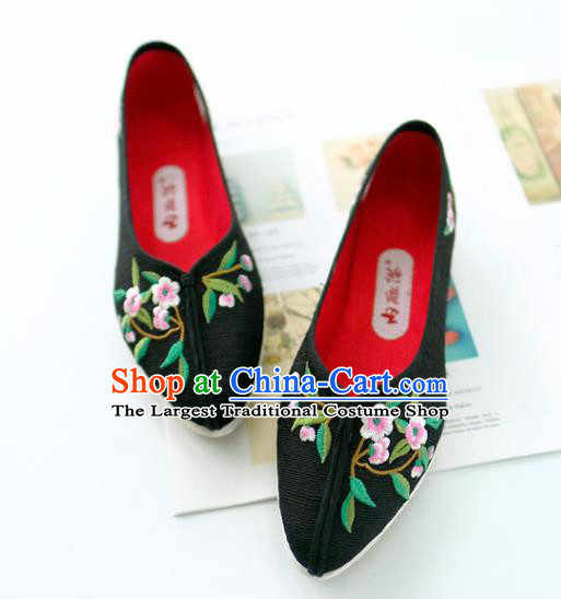 China National Embroidered Flowers Shoes Traditional Folk Dance Shoes Handmade Black Cloth Shoes