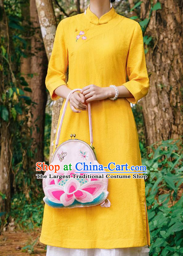 Chinese Traditional Stand Collar Yellow Qipao Dress National Young Lady Embroidered Cheongsam Costume