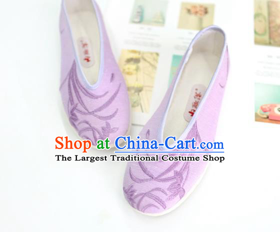 China Embroidered Orchids Shoes Traditional Qing Dynasty Court Lady Shoes Handmade Violet Cloth Shoes