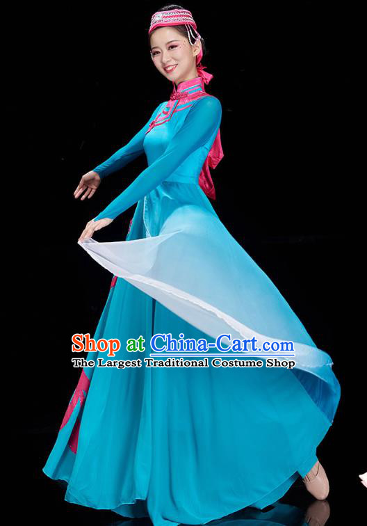 Chinese Mongolian Ethnic Dance Blue Dress Outfits Traditional Mongol Nationality Performance Costumes