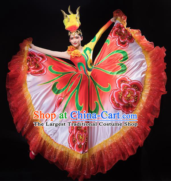 Chinese Traditional Spring Festival Gala Woman Group Dance Red Dress Peony Dance Opening Dance Costume