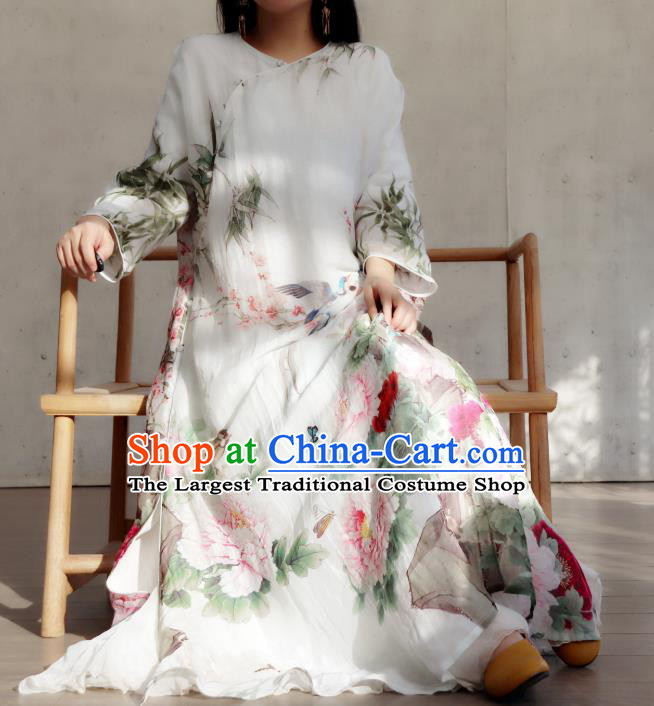 Chinese Traditional Printing Peony White Qipao Dress Stand Collar Cheongsam National Woman Costume