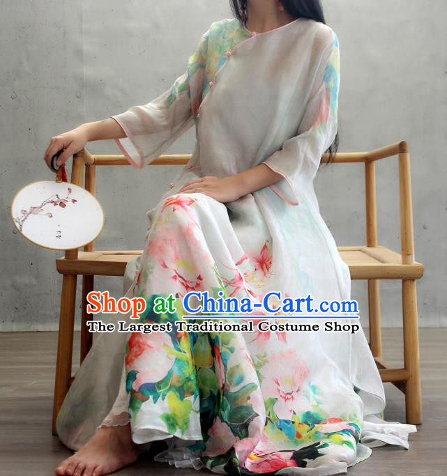 Chinese National Slant Opening Cheongsam Traditional Woman Costume Printing Peony White Qipao Dress