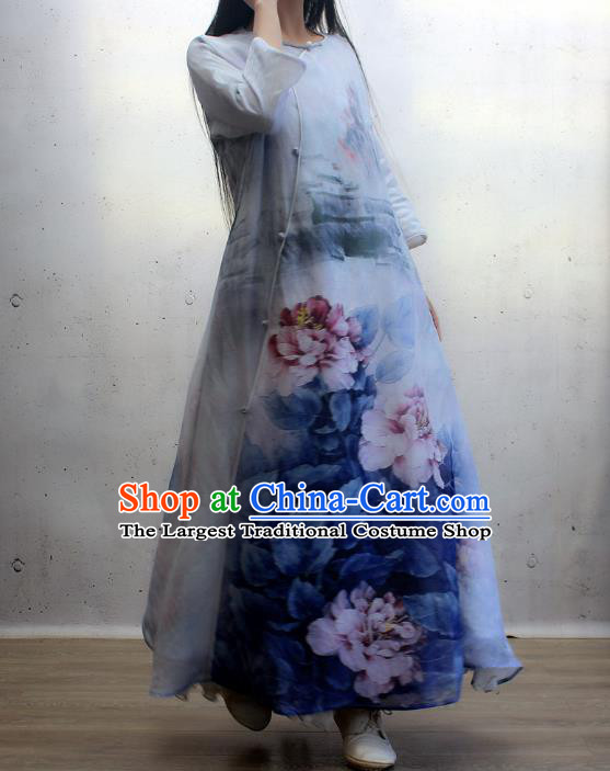 Chinese Traditional Printing Peony Blue Qipao Dress Woman Costume National Slant Opening Cheongsam