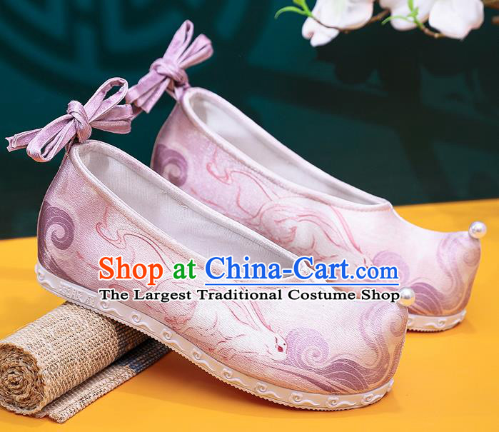 China Traditional Printing Pink Satin Shoes Ming Dynasty Hanfu Shoes Handmade Ancinet Princess Shoes