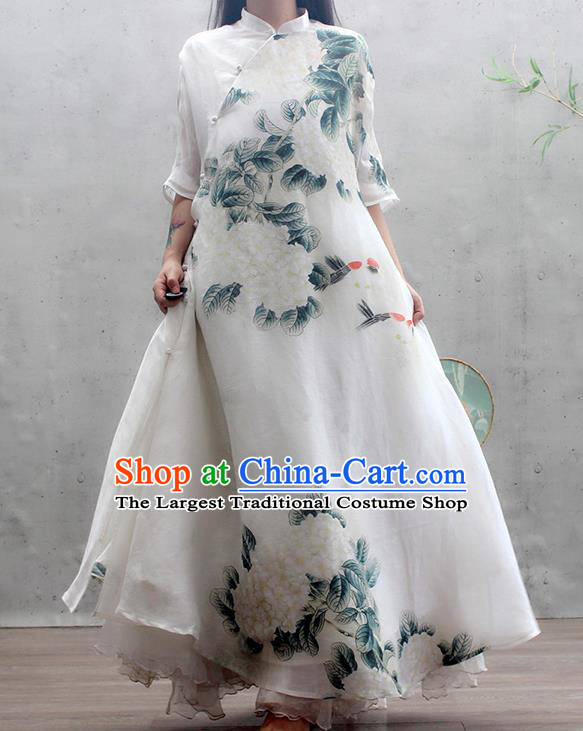 Chinese Traditional Printing Peony Qipao Dress Woman Costume National Stand Collar White Cheongsam