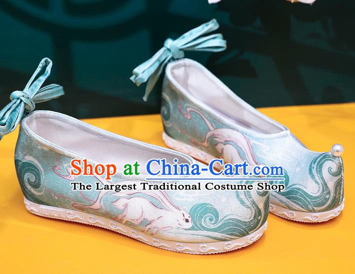 China Traditional Hanfu Bow Shoes Printing Green Satin Shoes Handmade Ancinet Ming Dynasty Princess Shoes