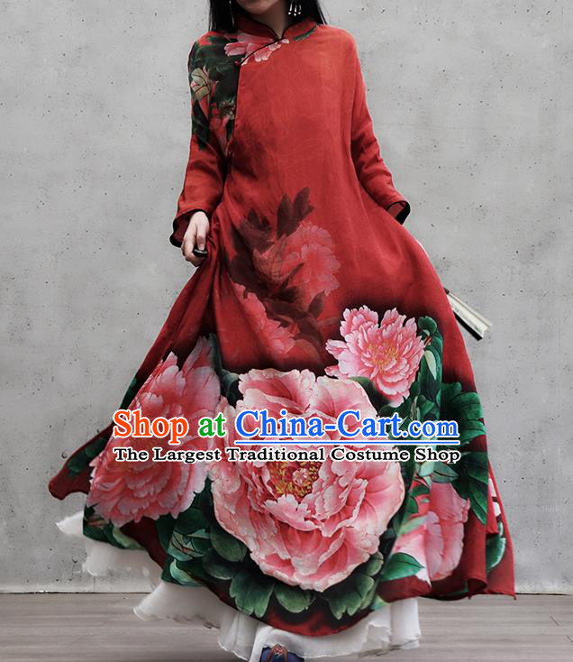 Chinese Traditional Tang Suit Loose Qipao Dress Woman Costume National Printing Peony Red Cheongsam