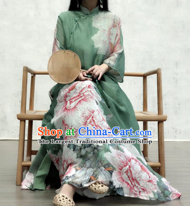 Chinese Traditional Printing Peony Green Qipao Dress Woman Costume National Stand Collar Cheongsam