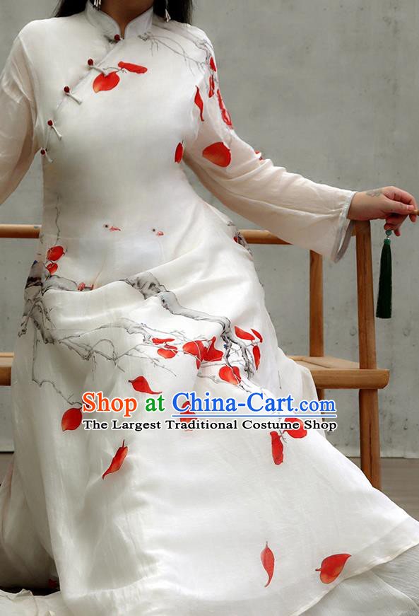 Chinese Traditional Stand Collar White Qipao Dress Woman Costume National Printing Red Leaf Cheongsam