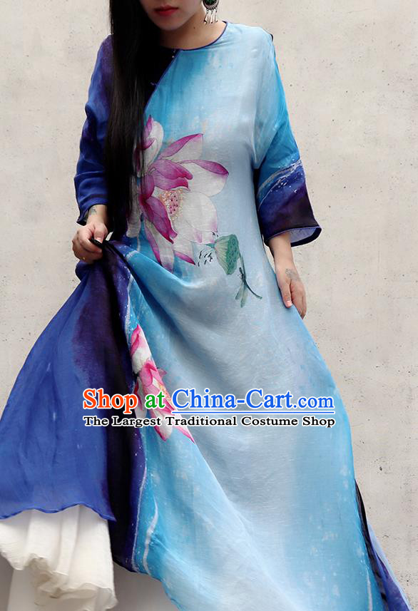 Chinese Traditional Tang Suit Qipao Dress Female Costume National Printing Lotus Blue Cheongsam