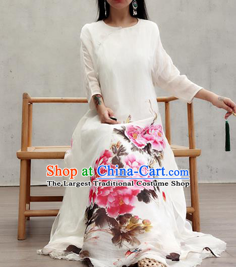 Chinese National White Loose Cheongsam Female Costume Traditional Ink Painting Peony Qipao Dress