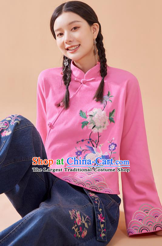 Chinese Traditional Costume Embroidered Pink Blouse National Woman Tang Suit Shirt