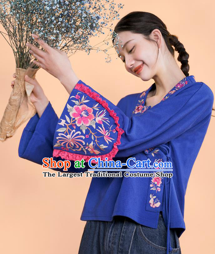 Chinese Embroidered Outer Garment National Tang Suit Deep Blue Jacket Traditional Woman Costume