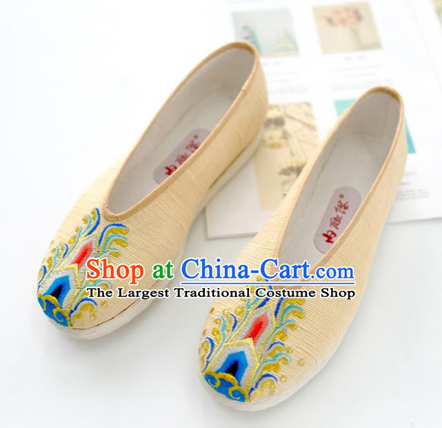 China Traditional Folk Dance Shoes Handmade National Woman Shoes Embroidered Yellow Cloth Shoes