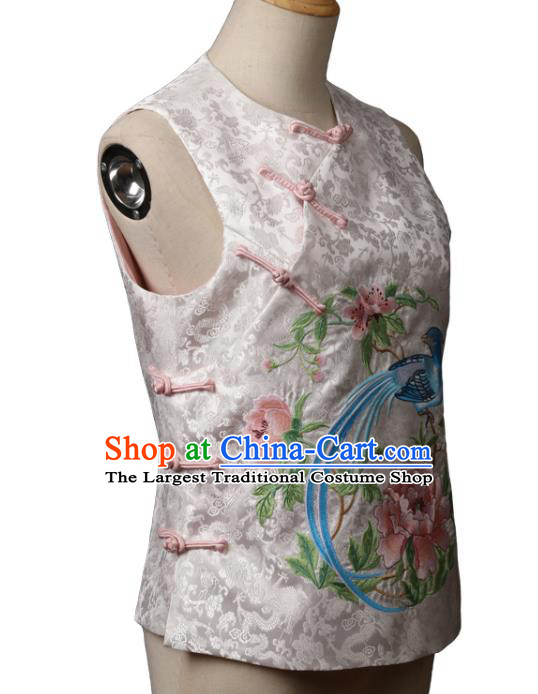 Chinese Traditional Top Garment National Woman White Brocade Vest Costume Tang Suit Embroidered Peony Bird Waistcoat