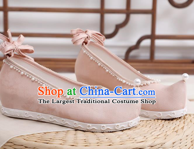 China Handmade Pearls Bow Shoes National Pink Cloth Shoes Traditional Ming Dynasty Hanfu Shoes