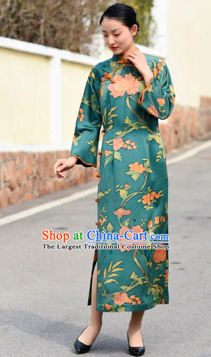 Chinese Traditional Green Silk Qipao Dress Costume National Young Lady Stand Collar Cheongsam