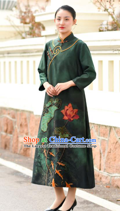 Chinese Traditional Printing Lotus Qipao Dress Costume National Young Lady Deep Green Silk Cheongsam