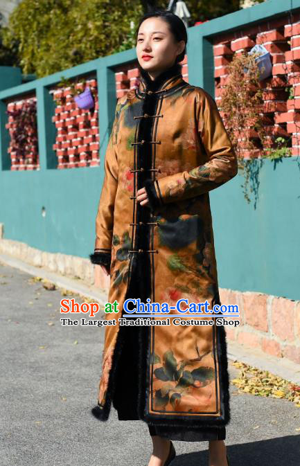 China Tang Suit Printing Lotus Greatcoat Traditional Cotton Wadded Coat National Woman Outer Garment Clothing