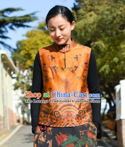 Chinese Tang Suit Golden Silk Vest National Woman Upper Outer Garment Traditional Waistcoat Clothing