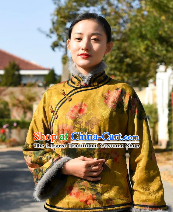 China Traditional Cotton Wadded Jacket National Woman Outer Garment Clothing Tang Suit Yellow Silk Overcoat