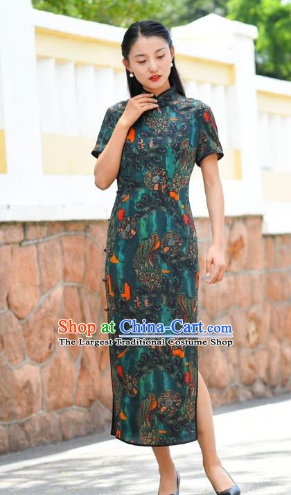 Chinese Traditional Deep Green Silk Qipao Dress Costume National Young Lady Cheongsam