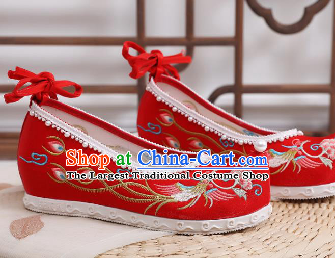 China Traditional Wedding Pearls Shoes National Embroidered Phoenix Peony Shoes Handmade Red Satin Shoes