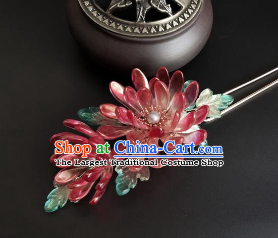 China Ancient Princess Red Chrysanthemum Hairpin Traditional Song Dynasty Palace Lady Hair Stick