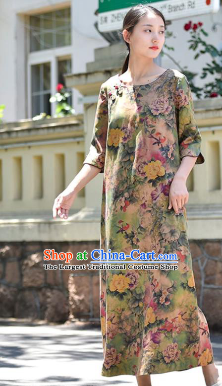 Chinese Traditional Printing Peony Qipao Dress Costume National Young Lady Light Green Cheongsam