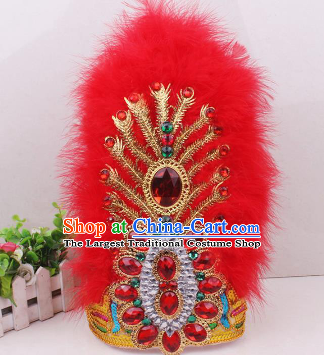 Chinese Traditional Uygur Nationality Red Feather Hat Xinjiang Ethnic Folk Dance Hair Accessories