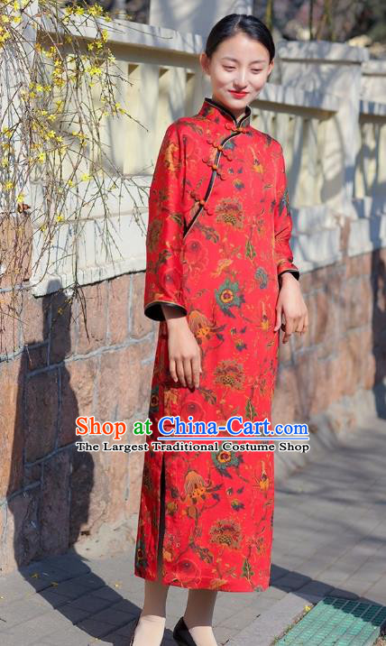 Chinese Traditional Printing Flowers Red Qipao Dress Costume National Young Lady Cheongsam