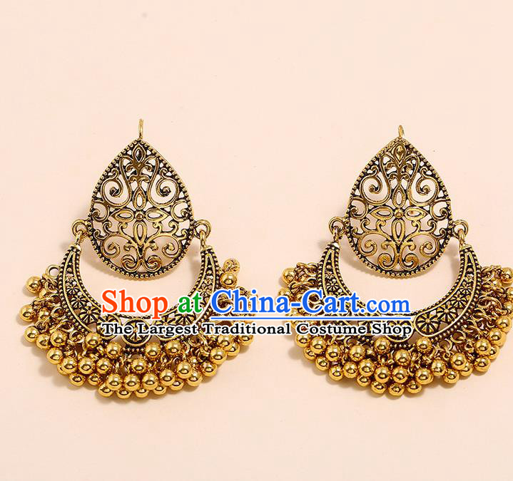 India Bollywood Folk Dance Ear Accessories Asian Indian Stage Performance Golden Bells Earrings