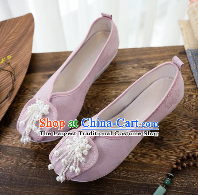 China National Pearls Tassel Shoes Traditional Jacquard Pink Cloth Shoes Handmade Folk Dance Shoes