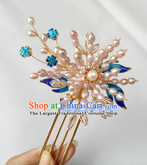 China Ancient Court Lady Pearls Hairpin Traditional Ming Dynasty Cloisonne Hair Stick