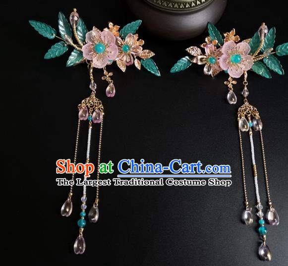 China Ancient Princess Pink Plum Hairpin Traditional Ming Dynasty Beads Tassel Hair Claw