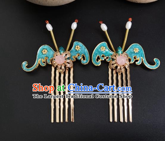 China Ancient Court Maid Hairpin Traditional Ming Dynasty Palace Blue Bat Hair Combs