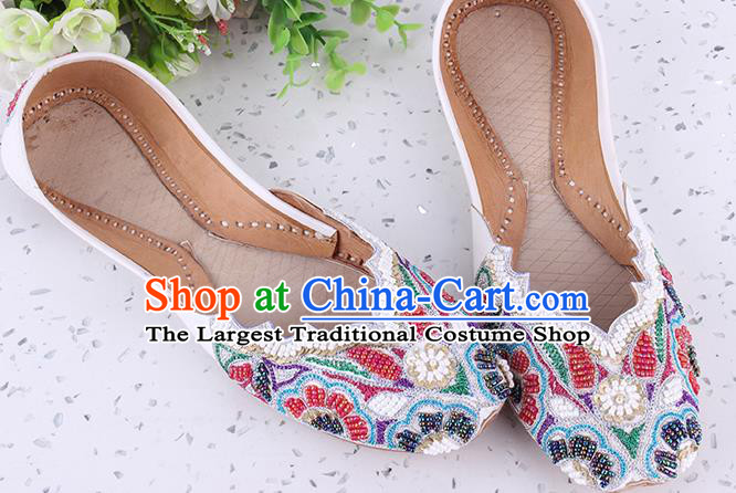 Indian Handmade Embroidery Beads White Shoes Traditional Court Leather Shoes Asian Folk Dance Shoes