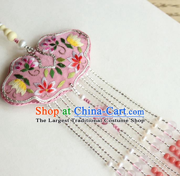 Chinese National Beads Tassel Pendant Classical Qipao Dress Embroidered Pink Sachet Brooch