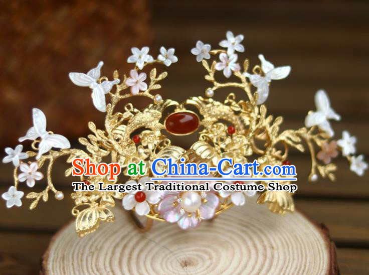 Chinese Ancient Queen Shell Butterfly Hairpin Traditional Song Dynasty Empress Golden Hair Crown