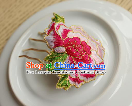 China Classical Cheongsam Hair Accessories National Handmade Embroidered Pink Peony Hair Comb