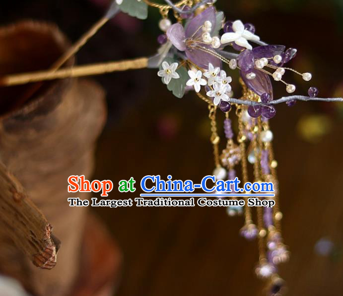 Chinese Ancient Princess Amethyst Flowers Tassel Hairpin Traditional Song Dynasty Court Shell Fragrans Hair Stick