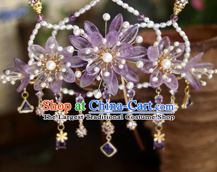 Chinese Ancient Empress Pearls Hairpin Traditional Song Dynasty Court Amethyst Chrysanthemum Hair Crown